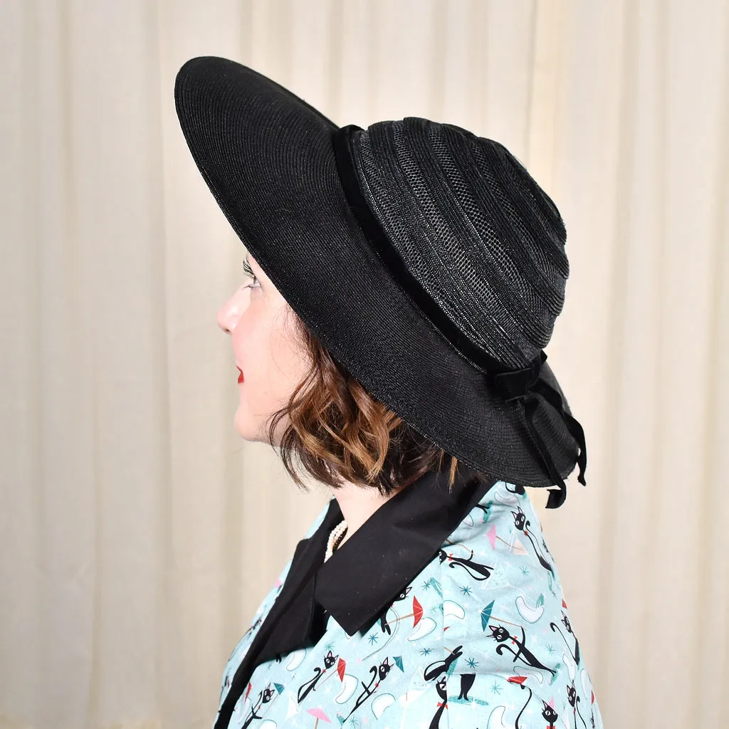 1950s Large Black Vintage Straw Hat