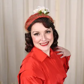 1950s Red Straw Cap W Roses