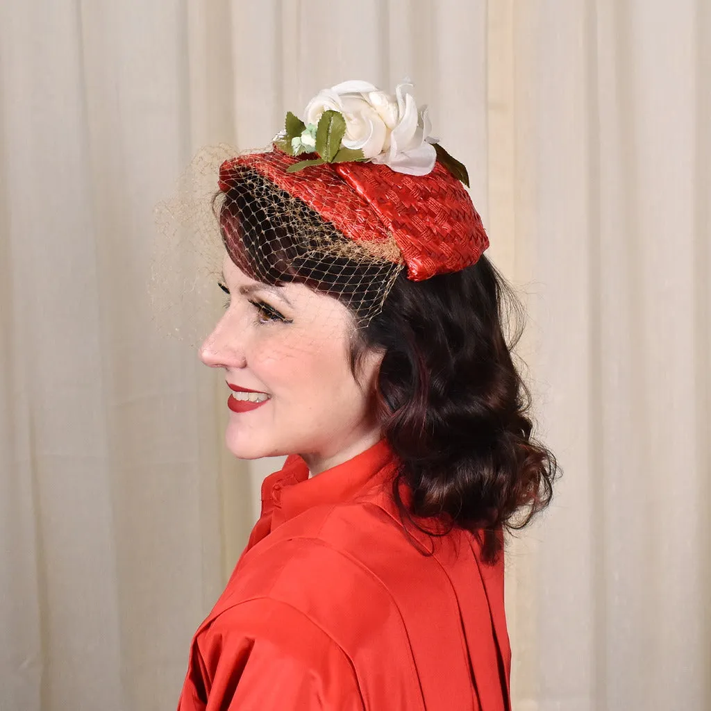 1950s Red Straw Cap W Roses