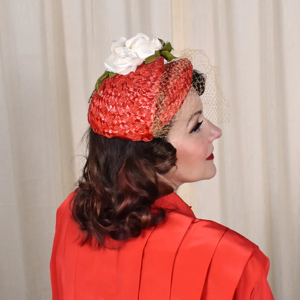 1950s Red Straw Cap W Roses