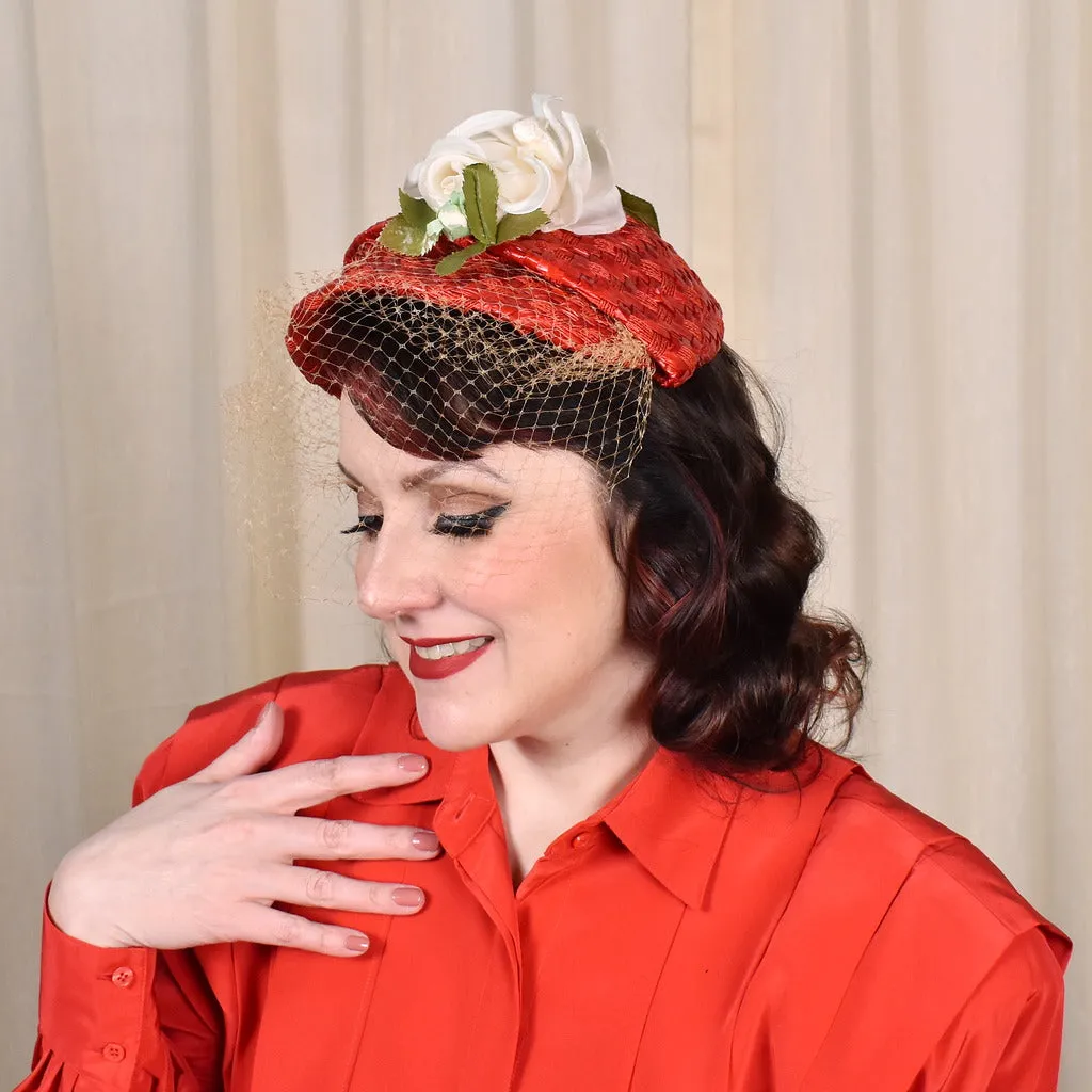 1950s Red Straw Cap W Roses