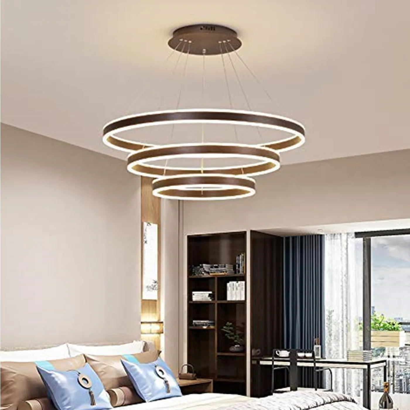 3 LIGHT 3 RINGS BROWN MODERN DOUBLE LED CHANDELIER FOR DINING LIVING ROOM OFFICE HANGING SUSPENSION LAMP