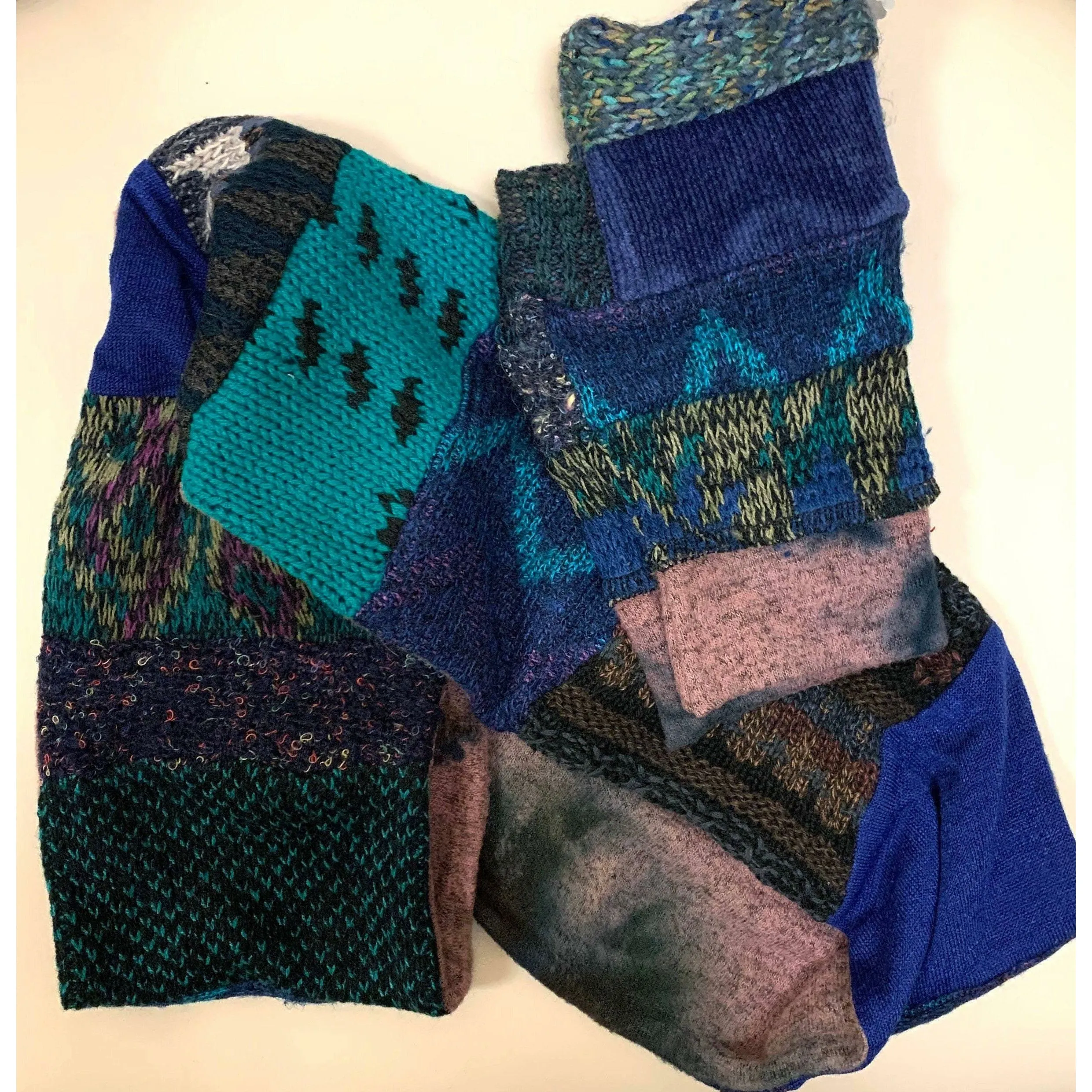 A SET! Upcycled sweaters into fingerless patchwork gloves & infinity scarf to match in blues. Wear for fun, school, texting, cashiers.