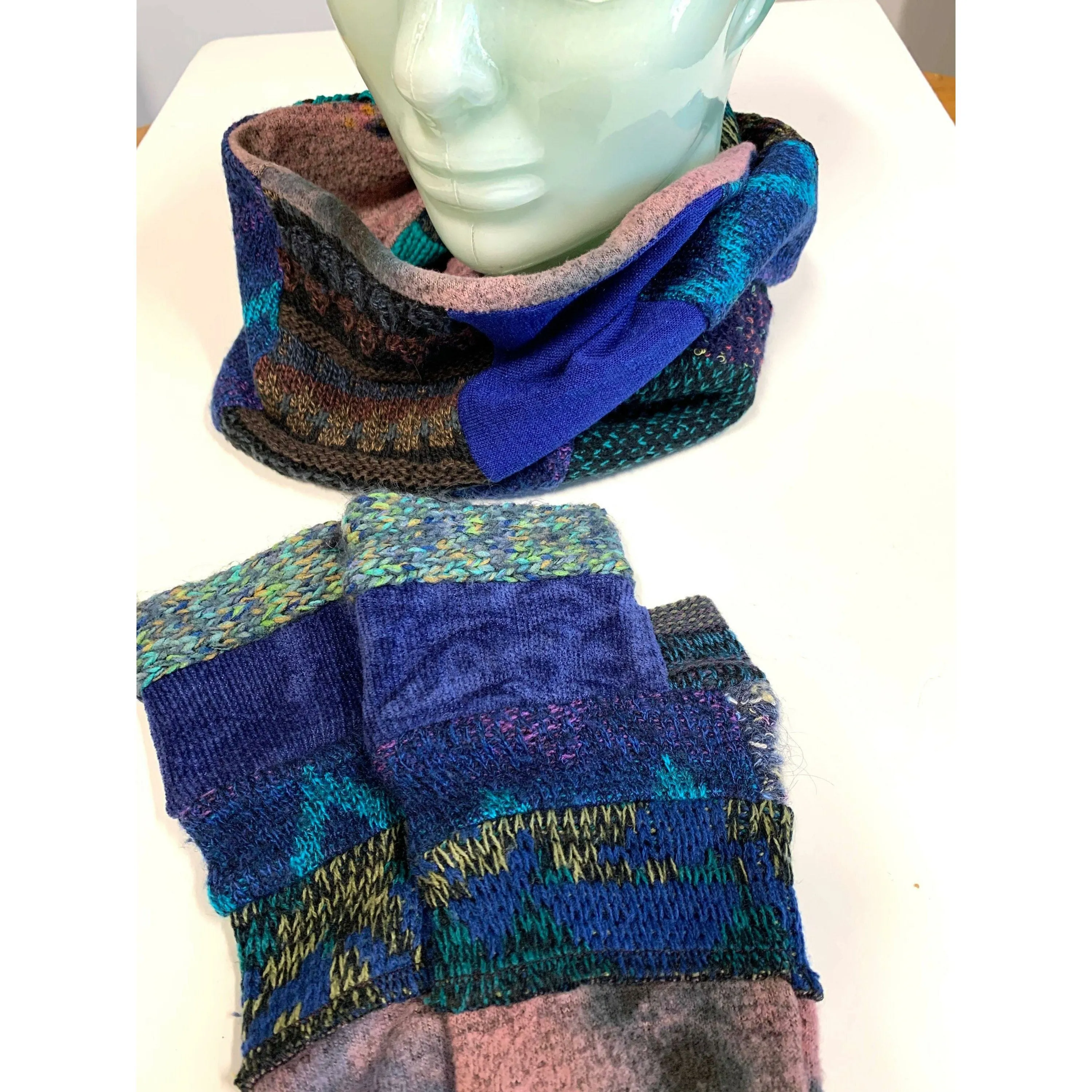 A SET! Upcycled sweaters into fingerless patchwork gloves & infinity scarf to match in blues. Wear for fun, school, texting, cashiers.