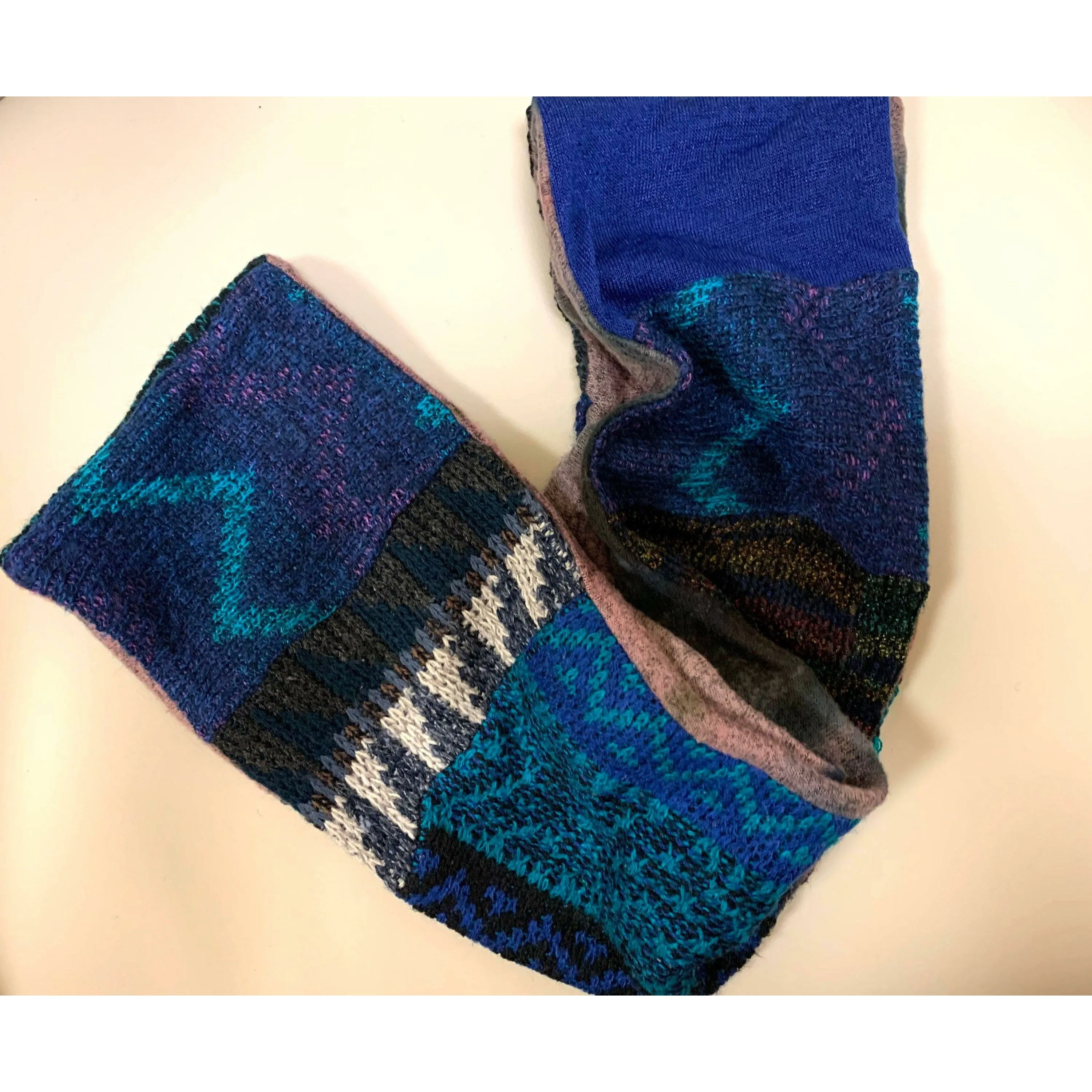 A SET! Upcycled sweaters into fingerless patchwork gloves & infinity scarf to match in blues. Wear for fun, school, texting, cashiers.