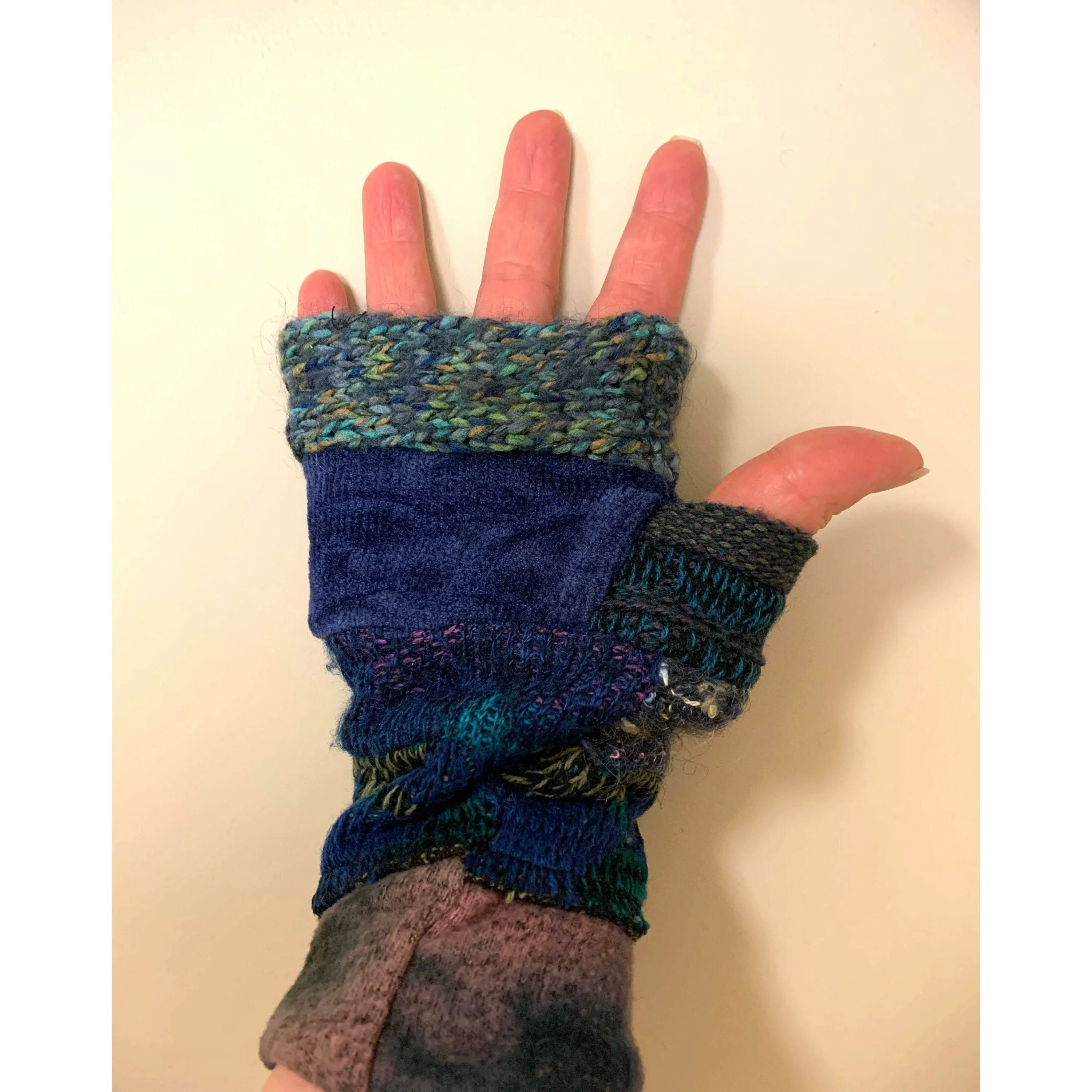 A SET! Upcycled sweaters into fingerless patchwork gloves & infinity scarf to match in blues. Wear for fun, school, texting, cashiers.