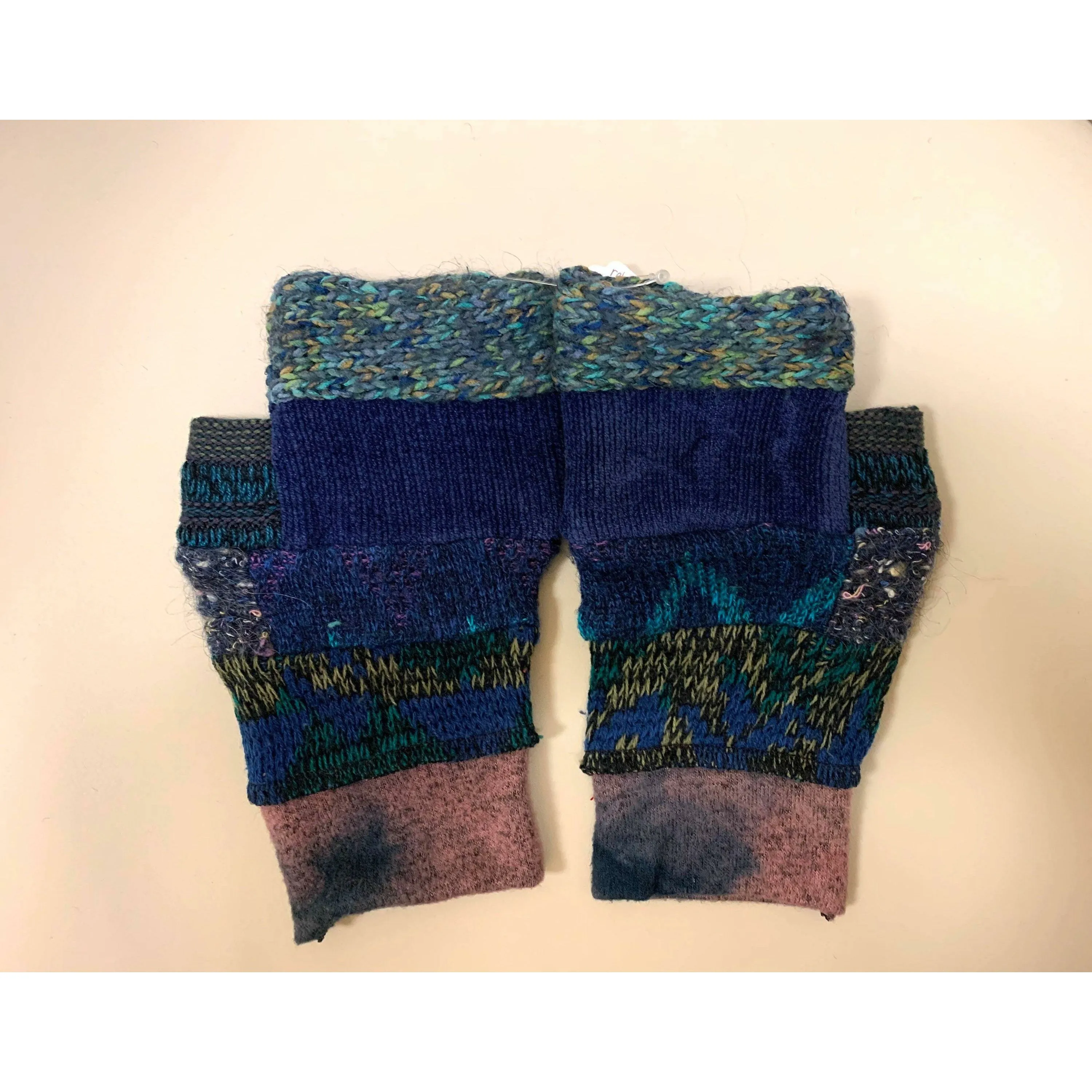 A SET! Upcycled sweaters into fingerless patchwork gloves & infinity scarf to match in blues. Wear for fun, school, texting, cashiers.