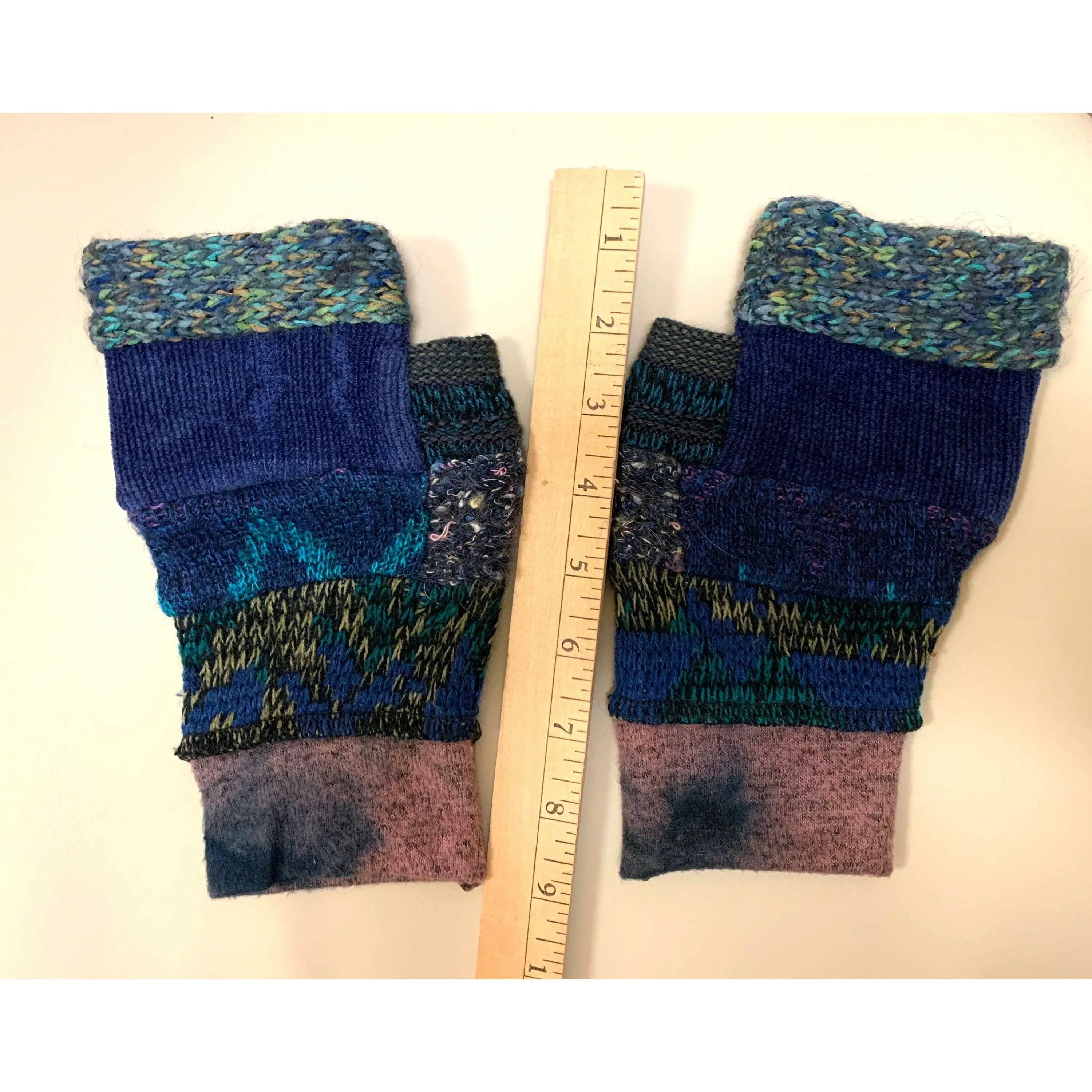 A SET! Upcycled sweaters into fingerless patchwork gloves & infinity scarf to match in blues. Wear for fun, school, texting, cashiers.