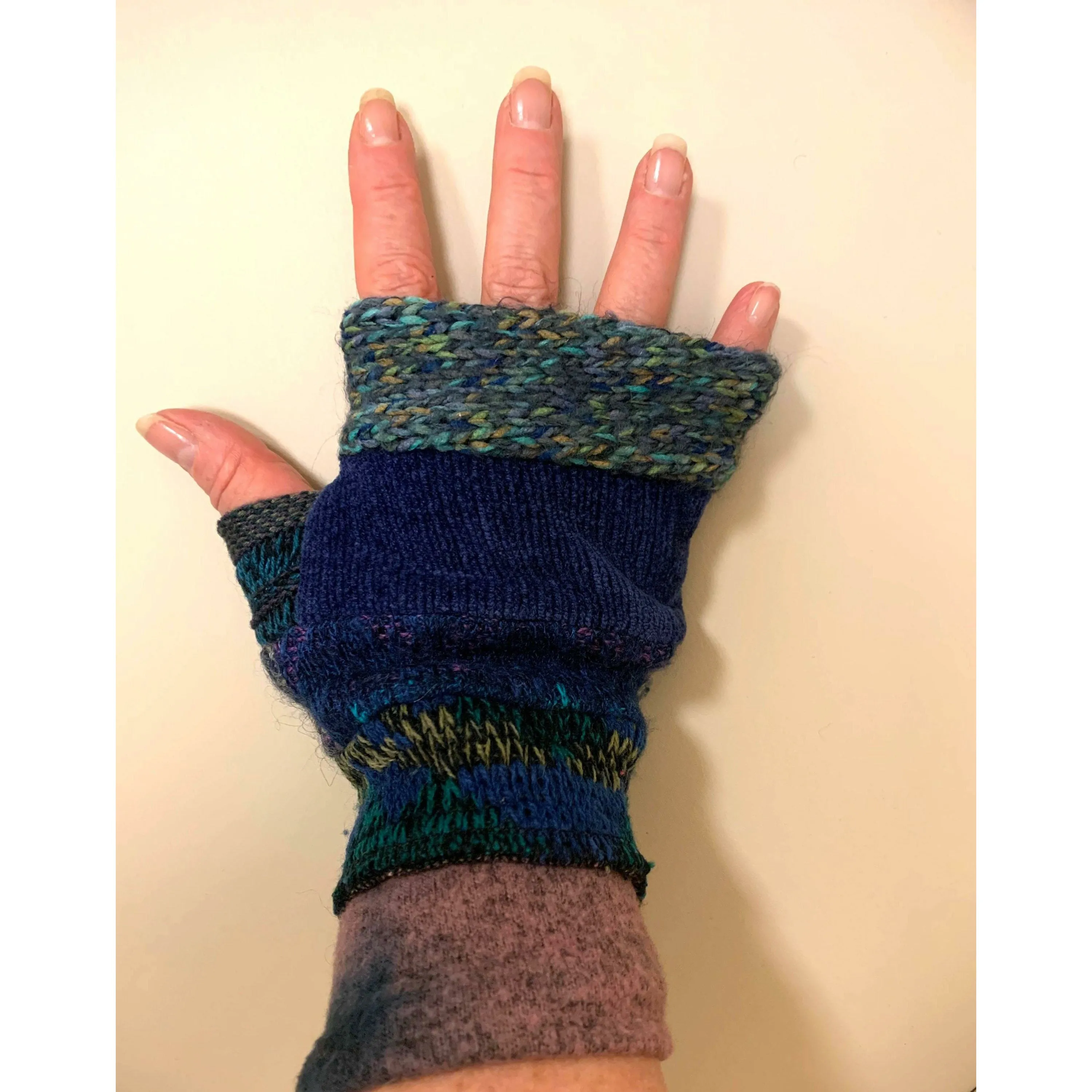 A SET! Upcycled sweaters into fingerless patchwork gloves & infinity scarf to match in blues. Wear for fun, school, texting, cashiers.