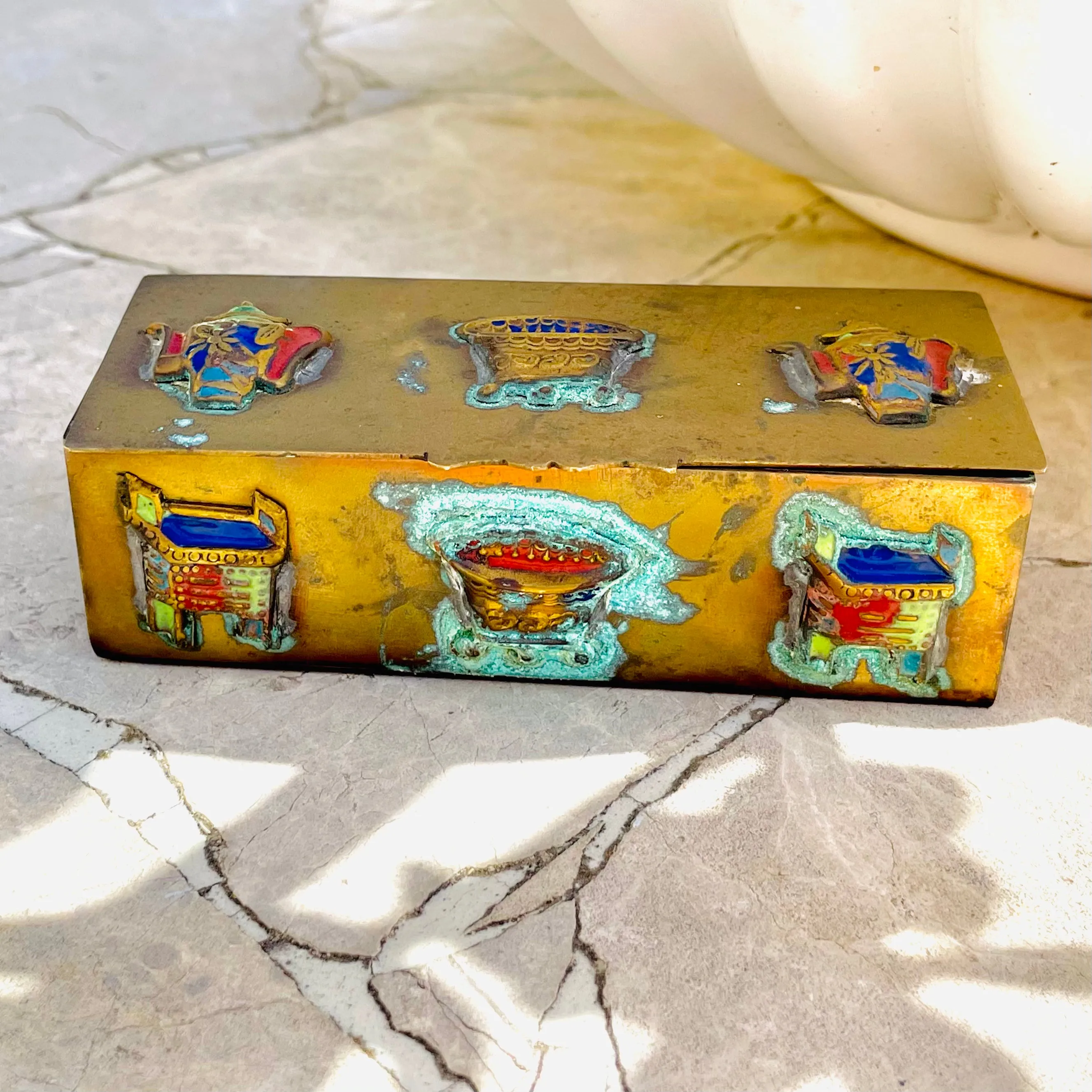 Antique Brass Gold Tone Colorful Enamel Trinket Box Made Signed China