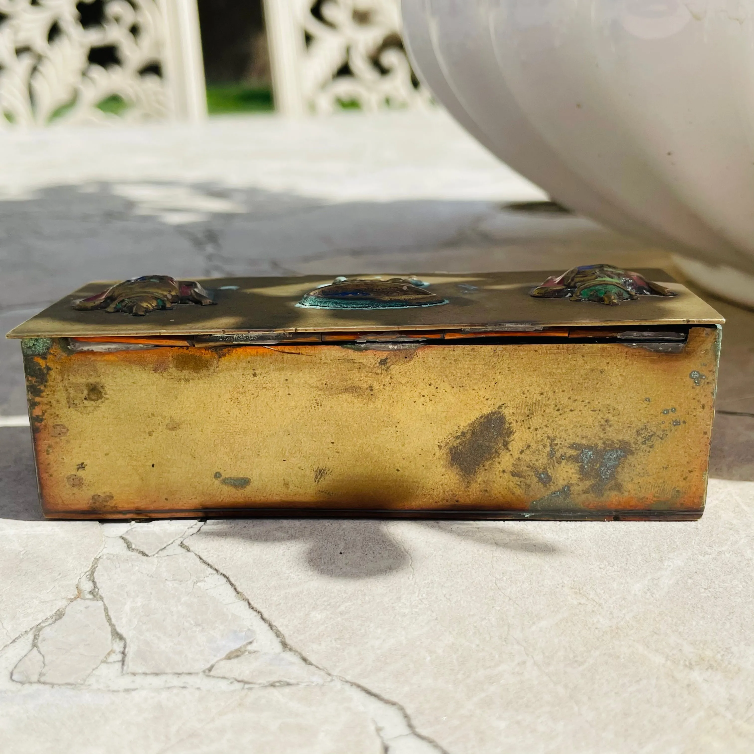 Antique Brass Gold Tone Colorful Enamel Trinket Box Made Signed China