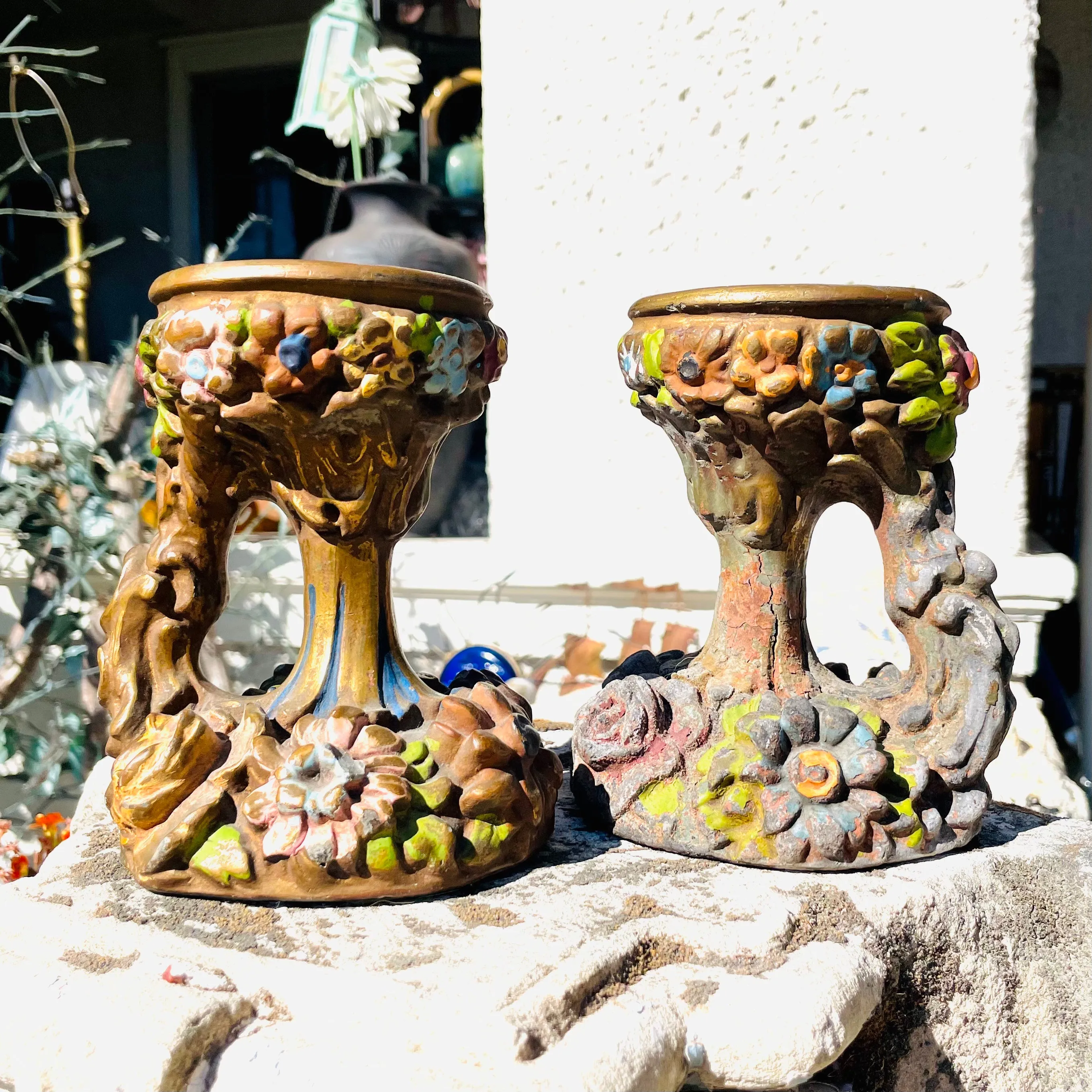 Antique French Artisan Ornate Wood Floral Candlestick Candle Holders 2 Set