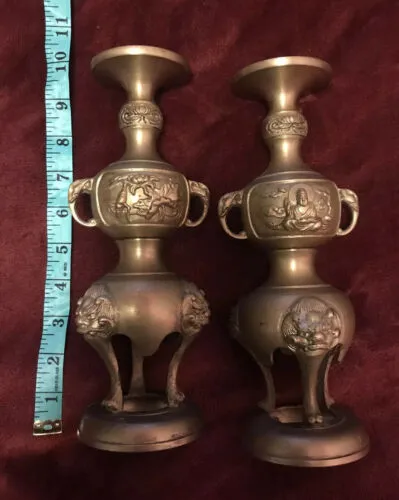 Antique Vintage Solid Brass Chinese Lion Elephant Bhudda 2 Candlestick Holders