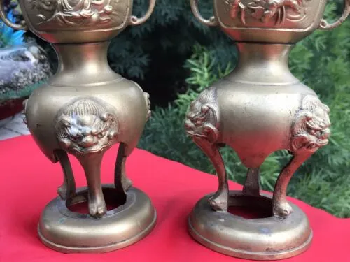 Antique Vintage Solid Brass Chinese Lion Elephant Bhudda 2 Candlestick Holders