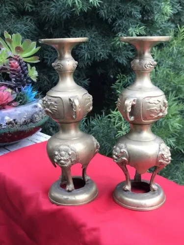 Antique Vintage Solid Brass Chinese Lion Elephant Bhudda 2 Candlestick Holders