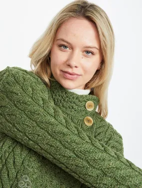 Aran- Asymmetrical Cardigan with Buttons - Green