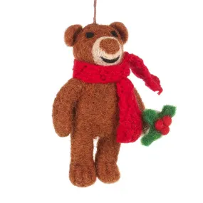 Bear With Knitted Scarf And Holly Hanging Christmas Decoration by Felt So Good