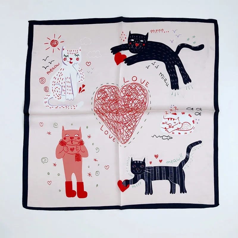 BerriesJam - 2024 Silk Cartoon Heart Cat Printed Mini Scarf