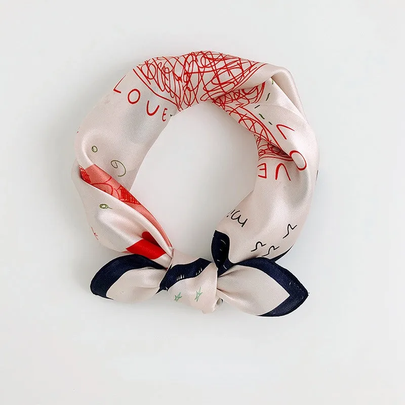 BerriesJam - 2024 Silk Cartoon Heart Cat Printed Mini Scarf