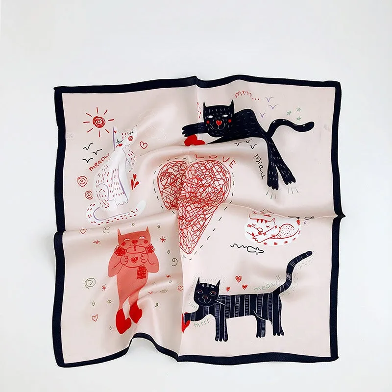 BerriesJam - 2024 Silk Cartoon Heart Cat Printed Mini Scarf