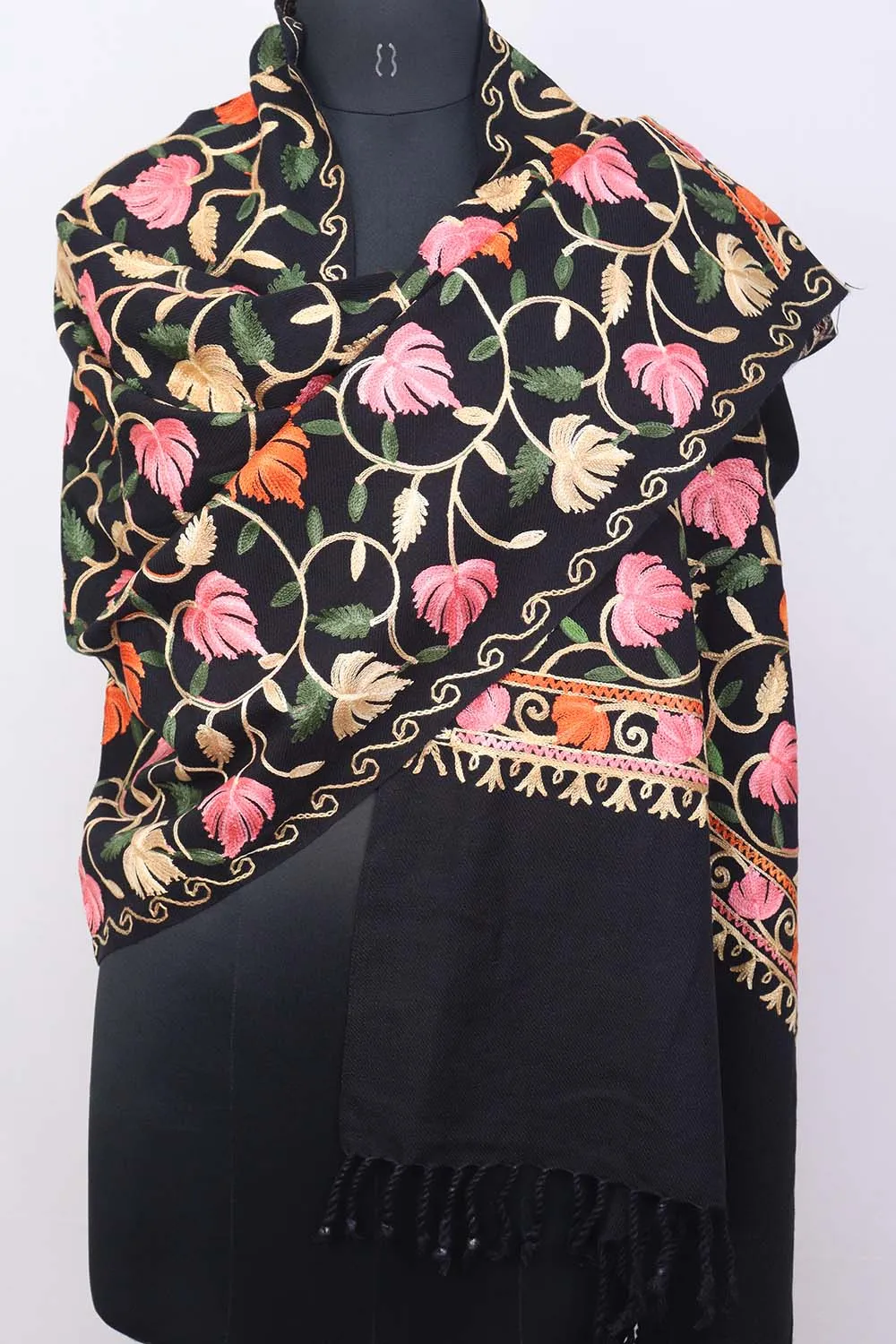 Black Embroidered Kashmiri Aari Work Woollen Stole