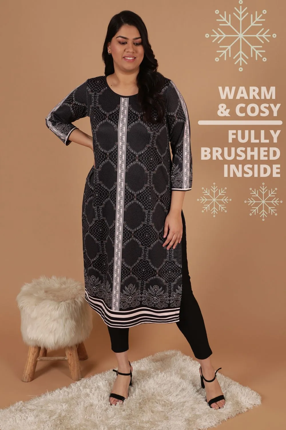 Black Printed Art Woolen Winter Kurti