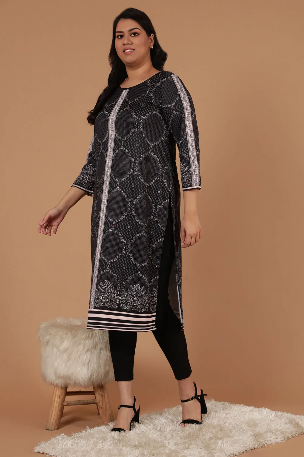 Black Printed Art Woolen Winter Kurti