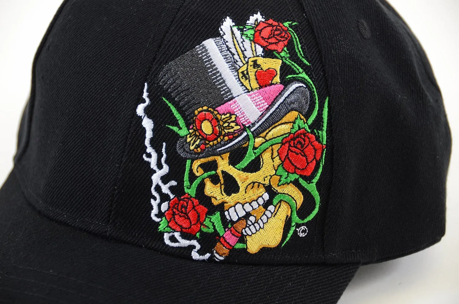 Black Top Hat Skull & Rose Embroidered Adjustable Unisex Baseball Hat