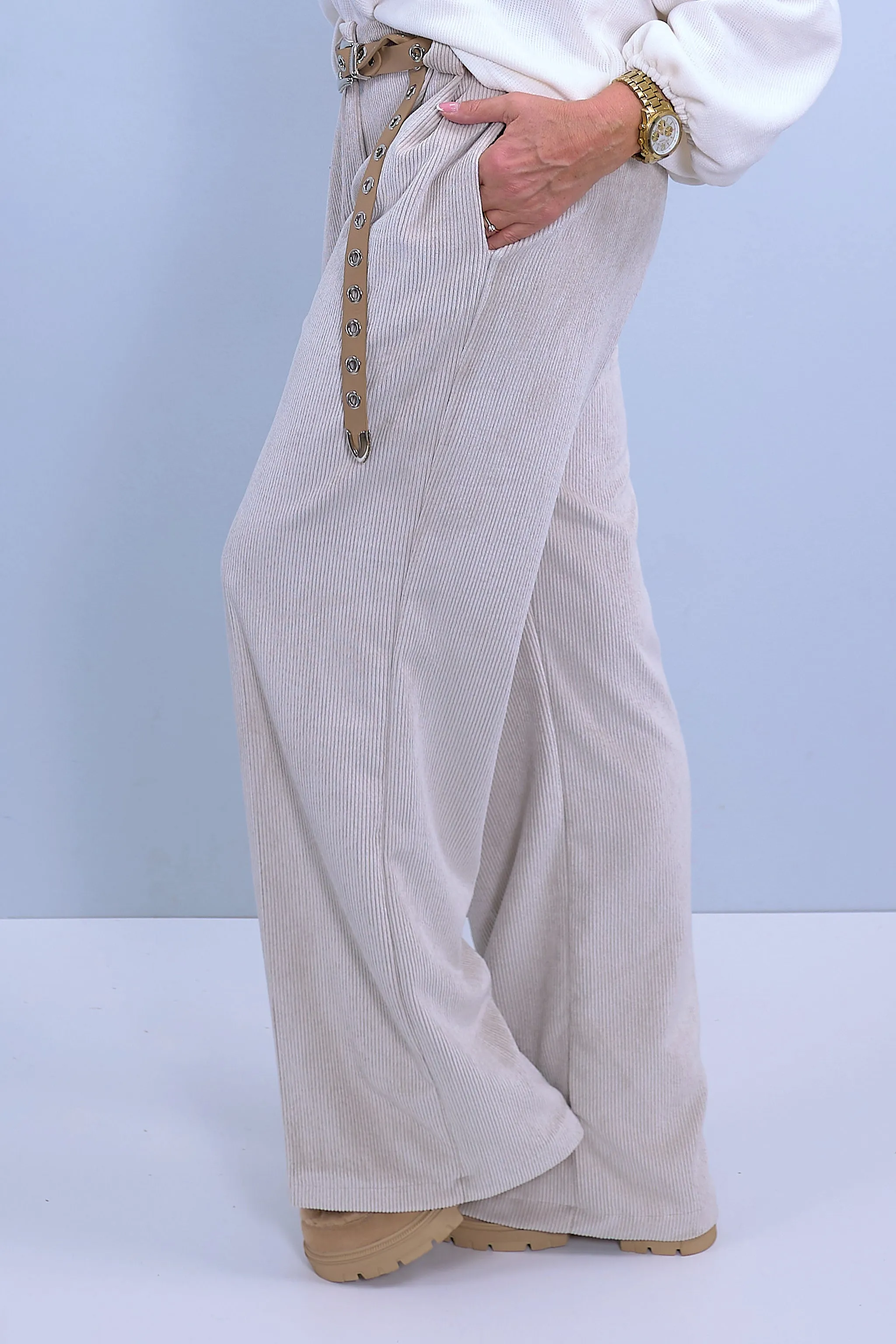 Cord Palazzo-Hose mit Bundfalten, beige