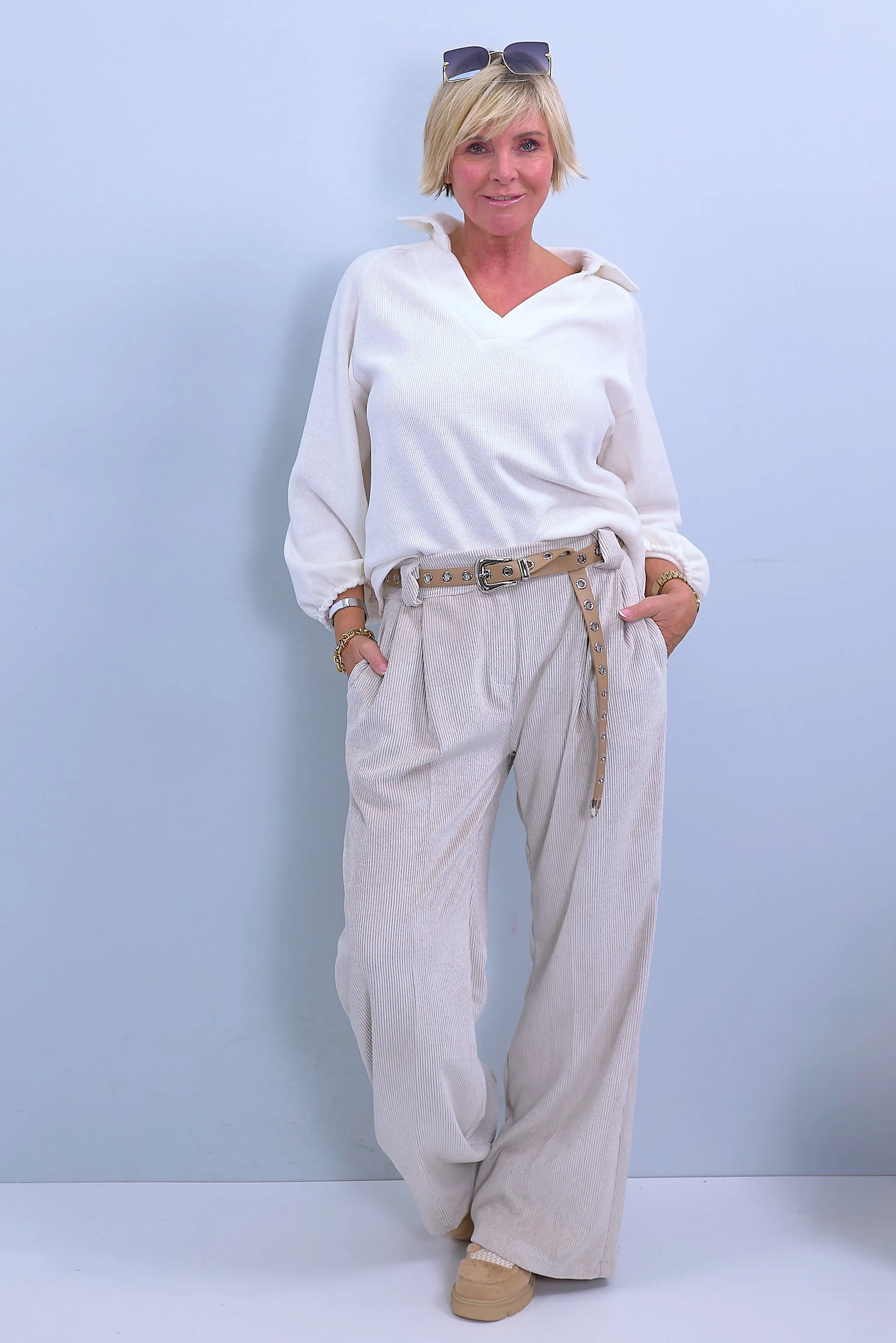 Cord Palazzo-Hose mit Bundfalten, beige