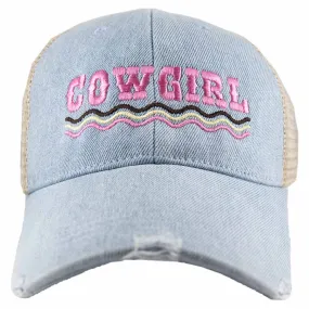 COWGIRL Spelled Out Denim Trucker Hat