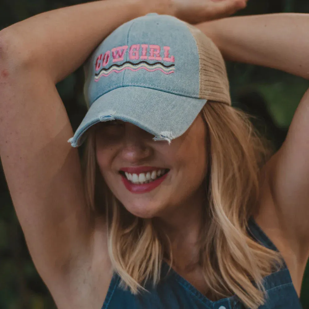 COWGIRL Spelled Out Denim Trucker Hat