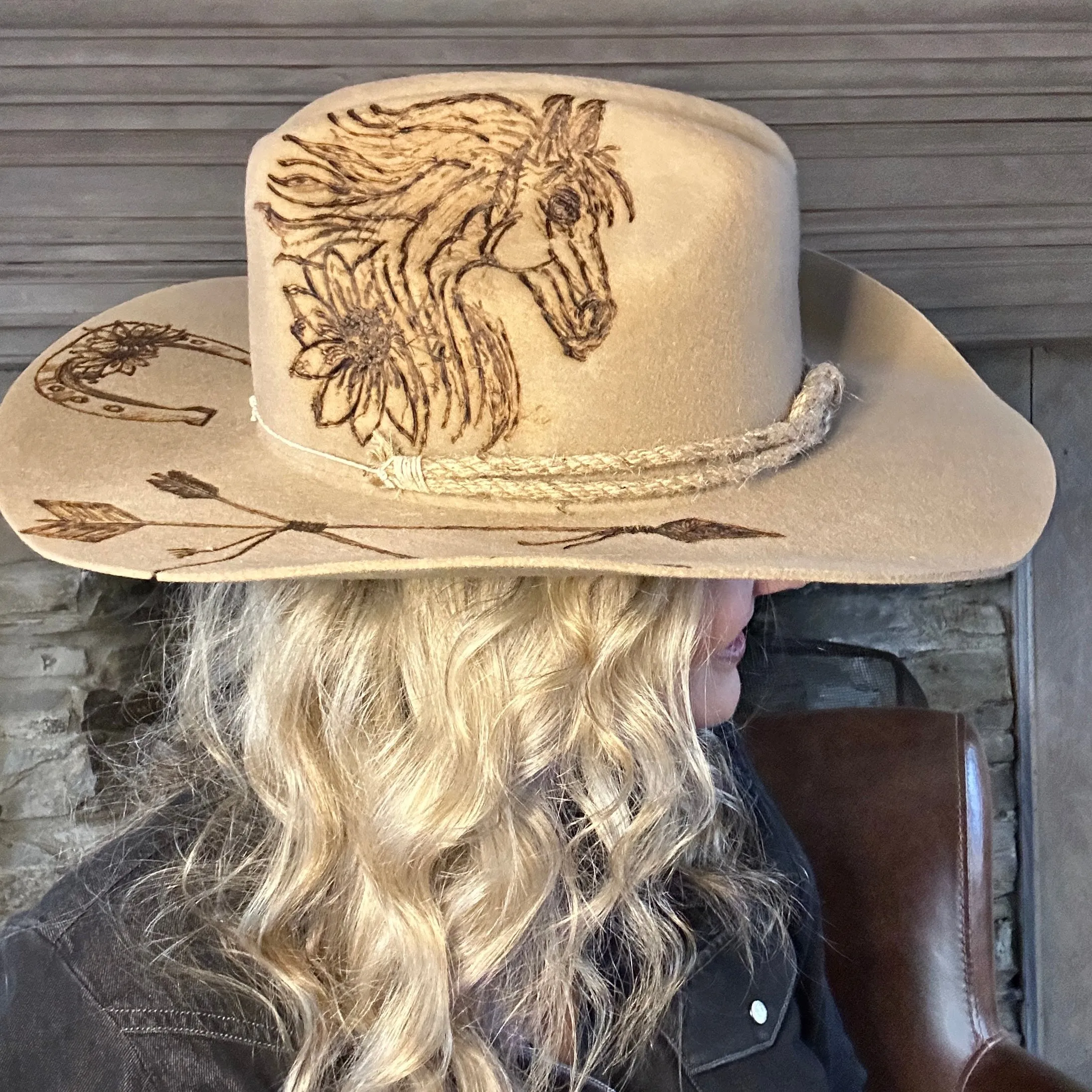 Custom Burned Cowboy Hat- Beige - Bourbon Cowgirl