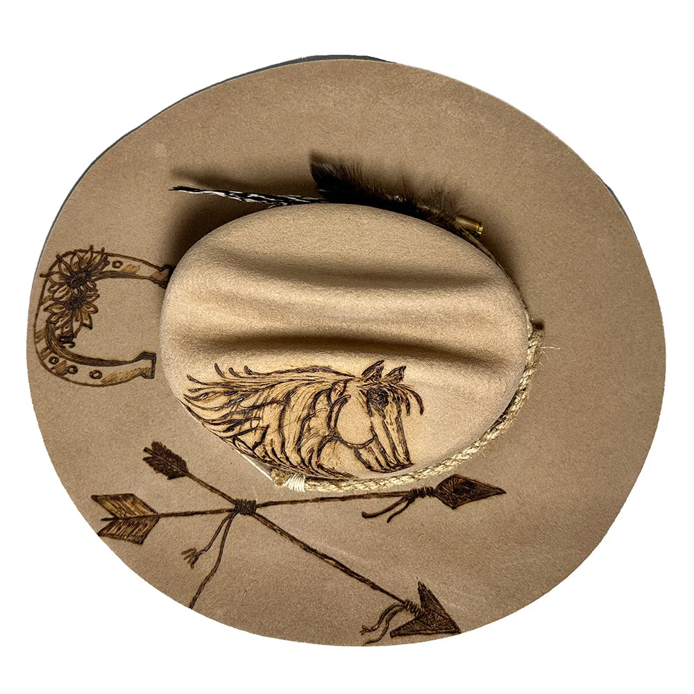 Custom Burned Cowboy Hat- Beige - Bourbon Cowgirl