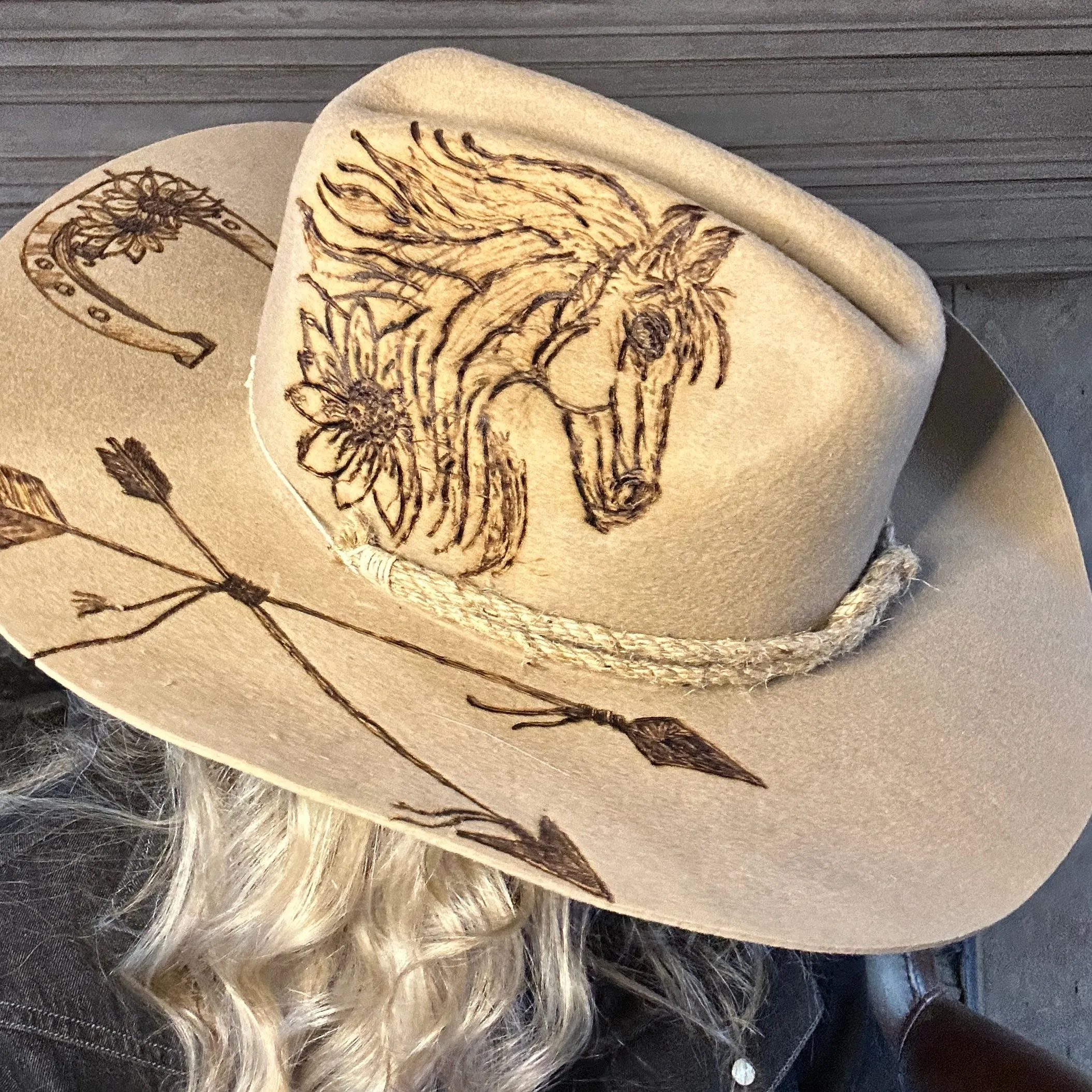 Custom Burned Cowboy Hat- Beige - Bourbon Cowgirl