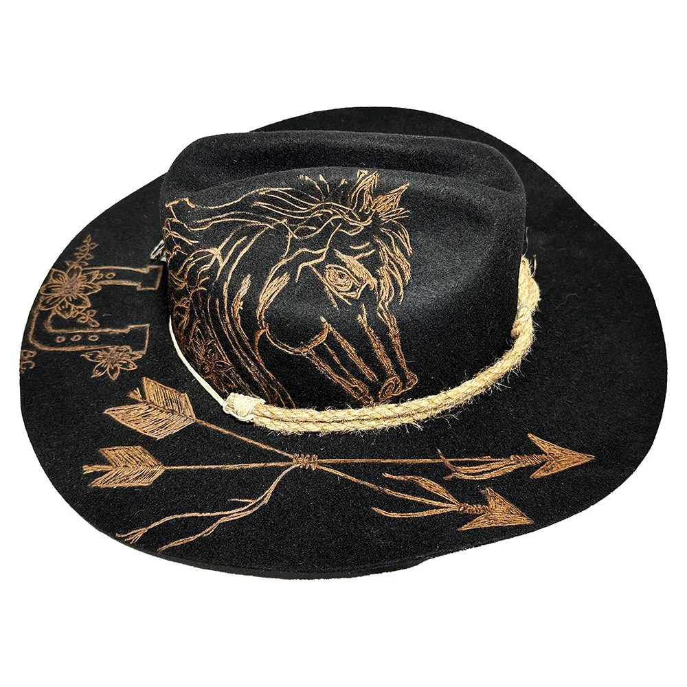 Custom Burned Cowboy Hat- Black - Bourbon Cowgirl