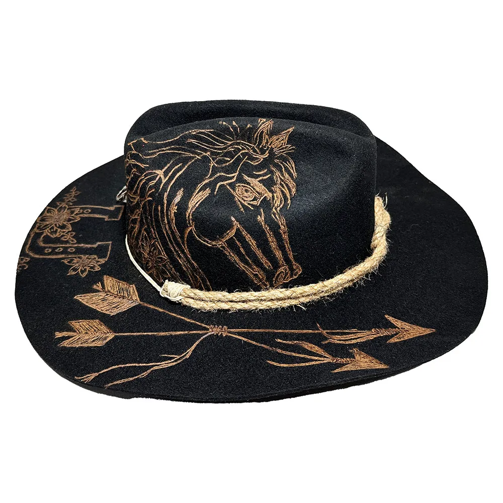 Custom Burned Cowboy Hat- Black - Bourbon Cowgirl