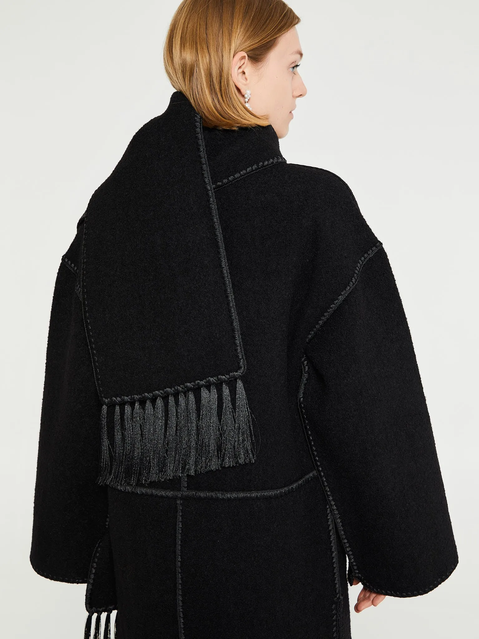 Embroidered Scarf Coat in Black