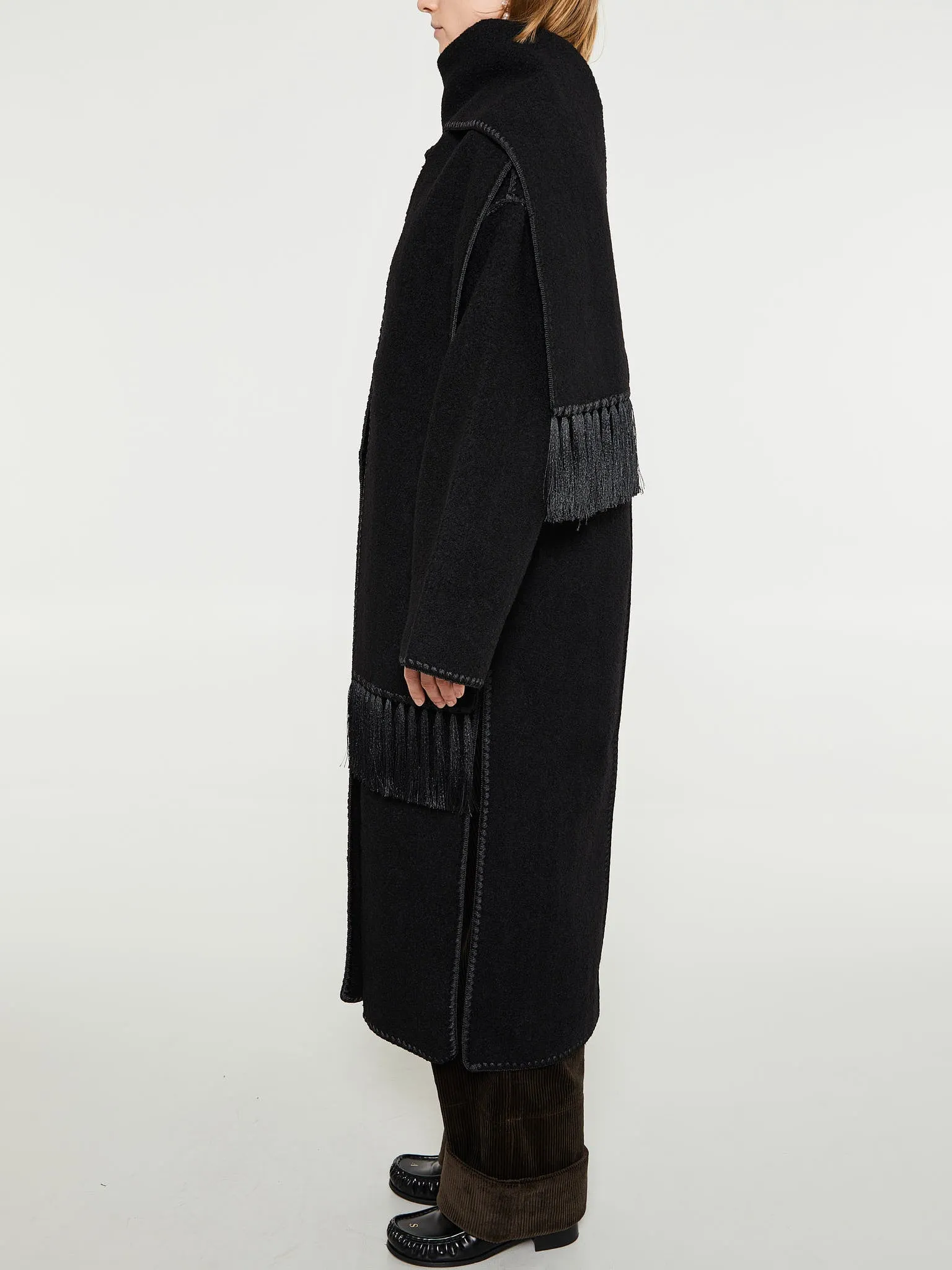 Embroidered Scarf Coat in Black