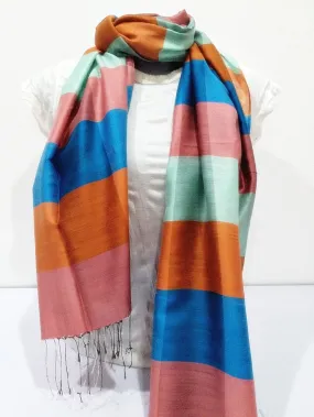 Fair Trade Hand Made Nepal Pashmina Scarf Shawl Striped Blue Orange