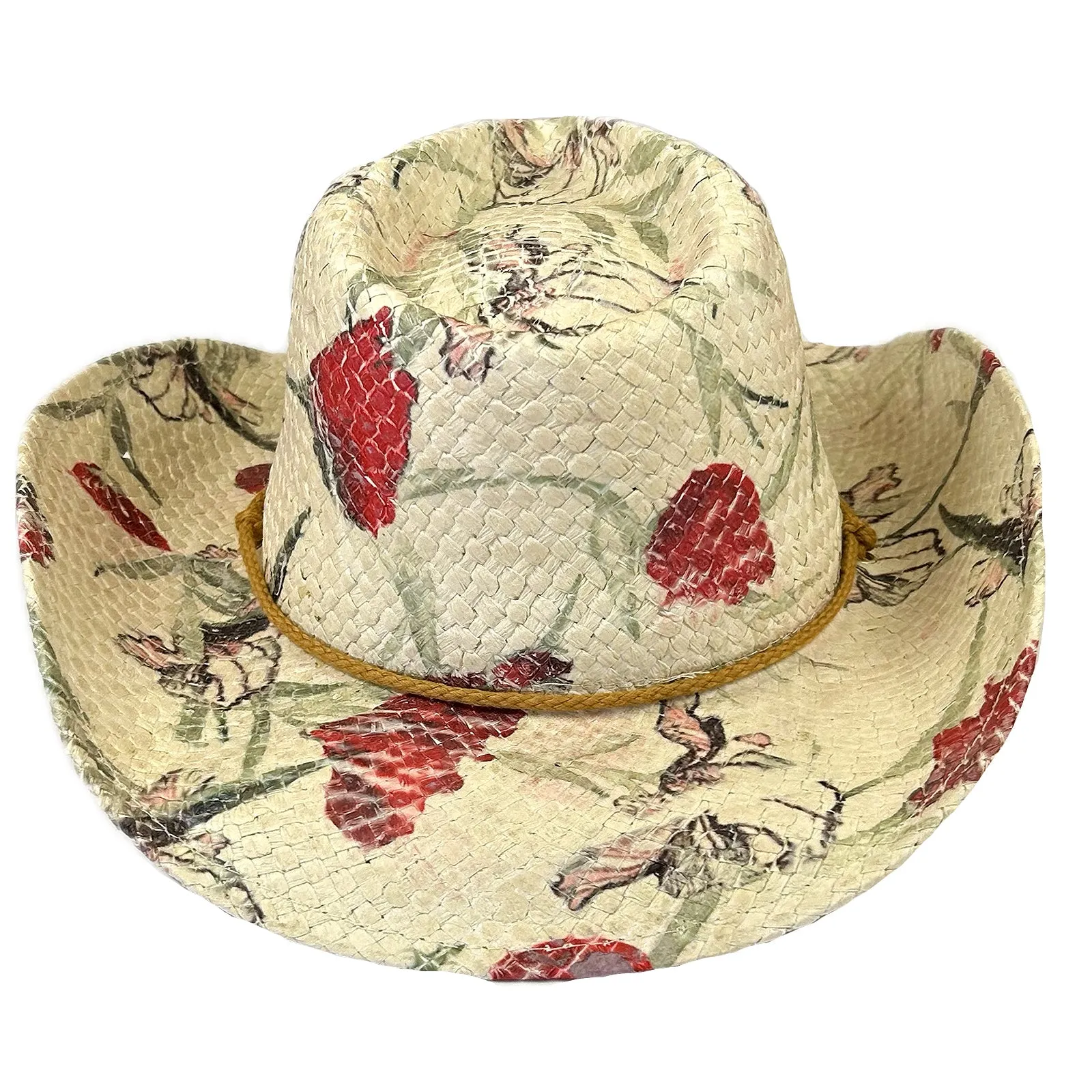 Floral Red & Green Print Straw Western Cowgirl Hat