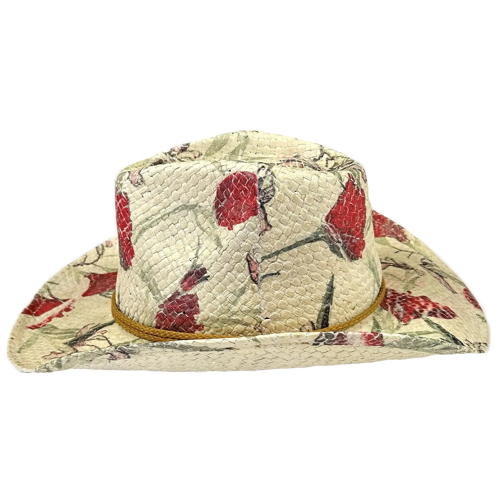 Floral Red & Green Print Straw Western Cowgirl Hat