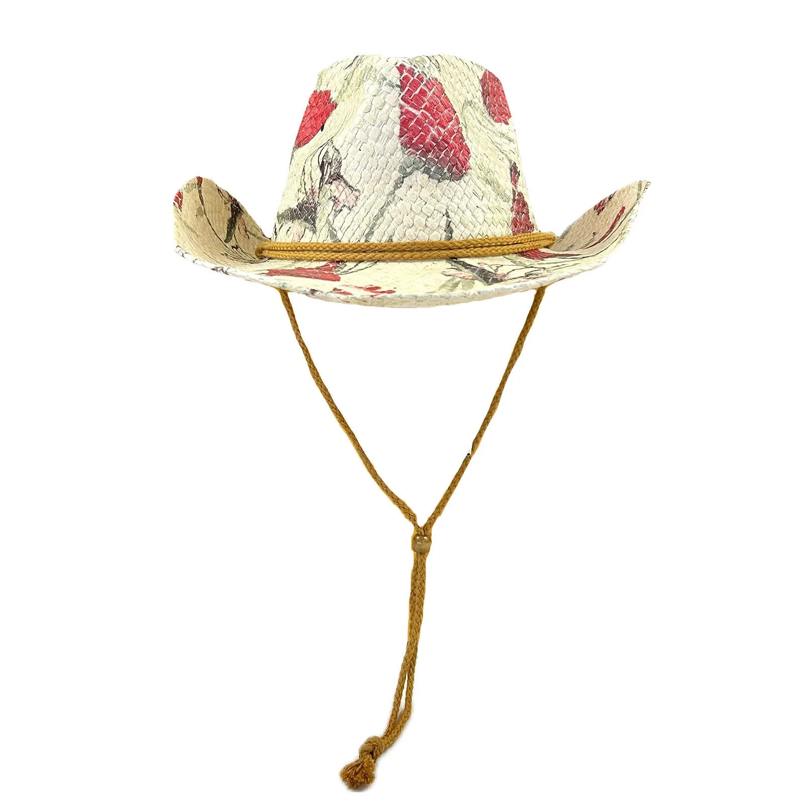 Floral Red & Green Print Straw Western Cowgirl Hat