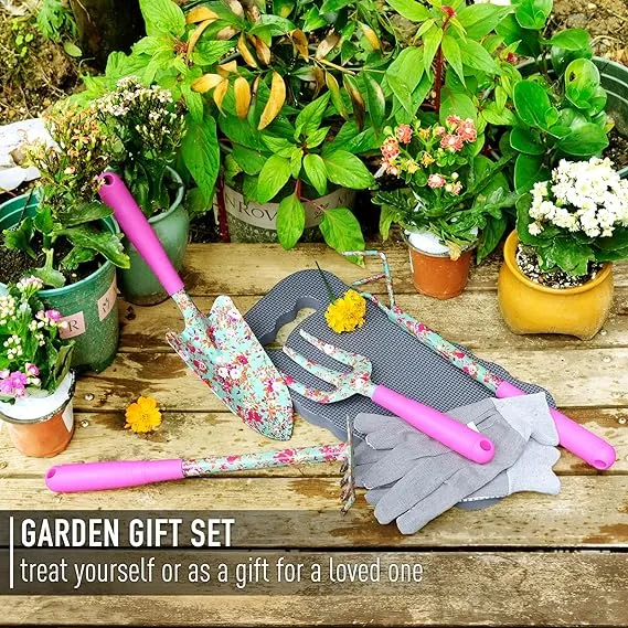 Gardening Tool Set, 6Pcs Heavy Duty Garden Tools Kit, Floral Print Garden Tool Set with Non-Slip Handle