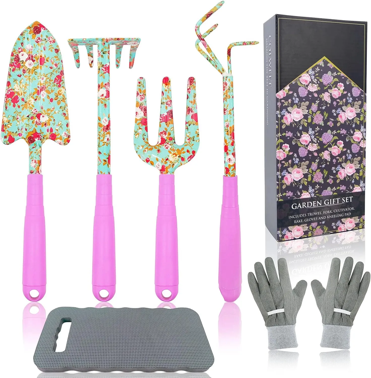 Gardening Tool Set, 6Pcs Heavy Duty Garden Tools Kit, Floral Print Garden Tool Set with Non-Slip Handle