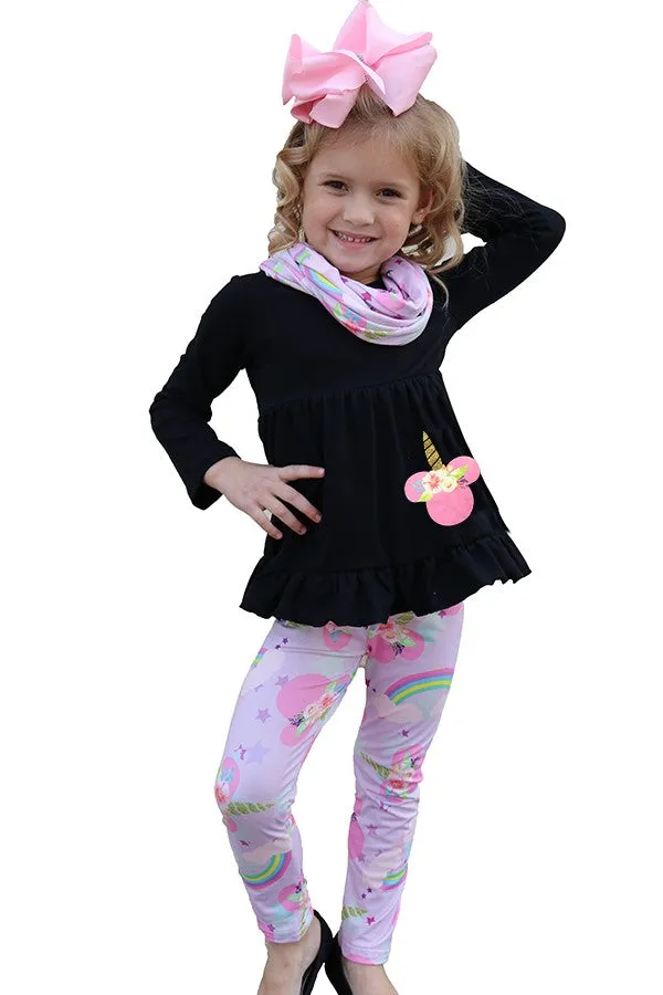 Girls Black Flare Top with Unicorn Printed Leggings