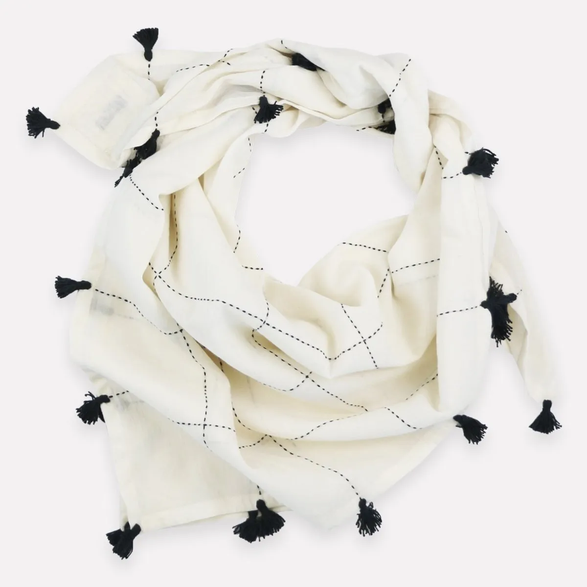 Grid Square Scarf in Bone with Tassels