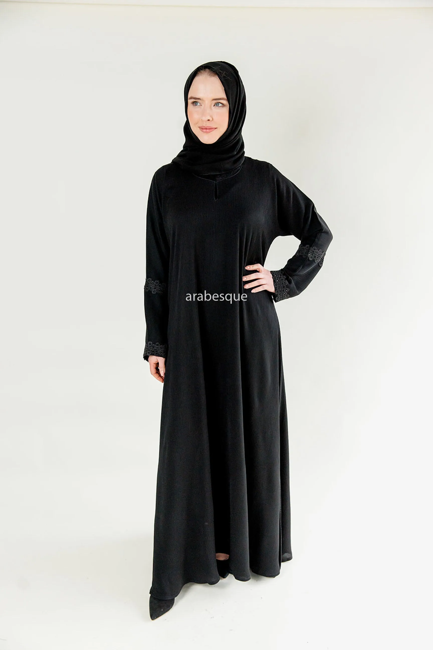 Lace Detail Umbrella Cut Textured Closed Abaya - 5 Colours