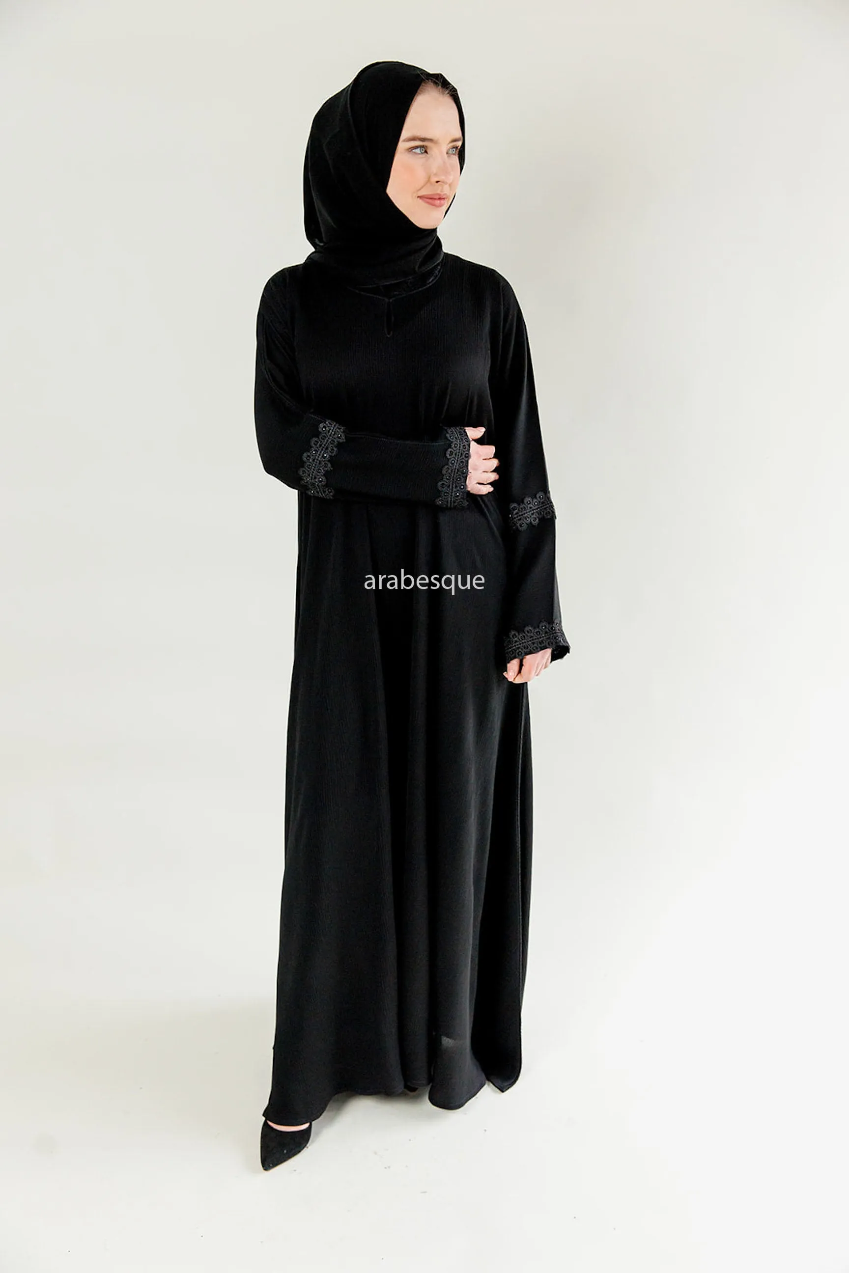 Lace Detail Umbrella Cut Textured Closed Abaya - 5 Colours