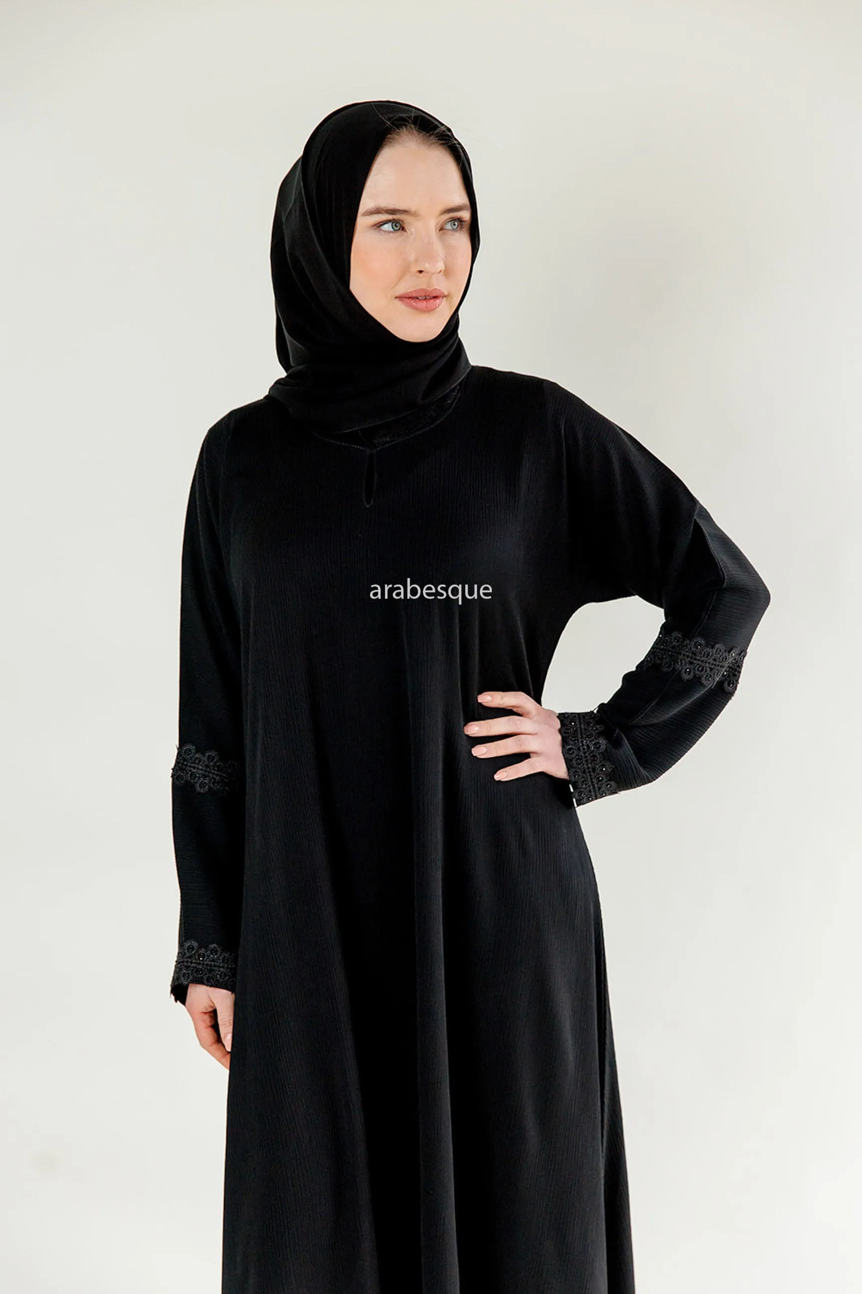 Lace Detail Umbrella Cut Textured Closed Abaya - 5 Colours